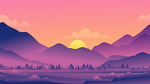 Purple Mountain Sunset Vector Landscape With Pine Forest And Pink Sky HD wallpaper