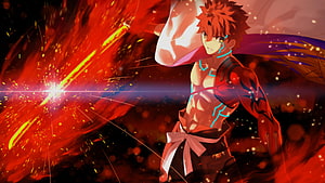 Shirou Emiya wielding Sengo Muramasa in a fiery battle scene from Fate Grand Order HD wallpaper