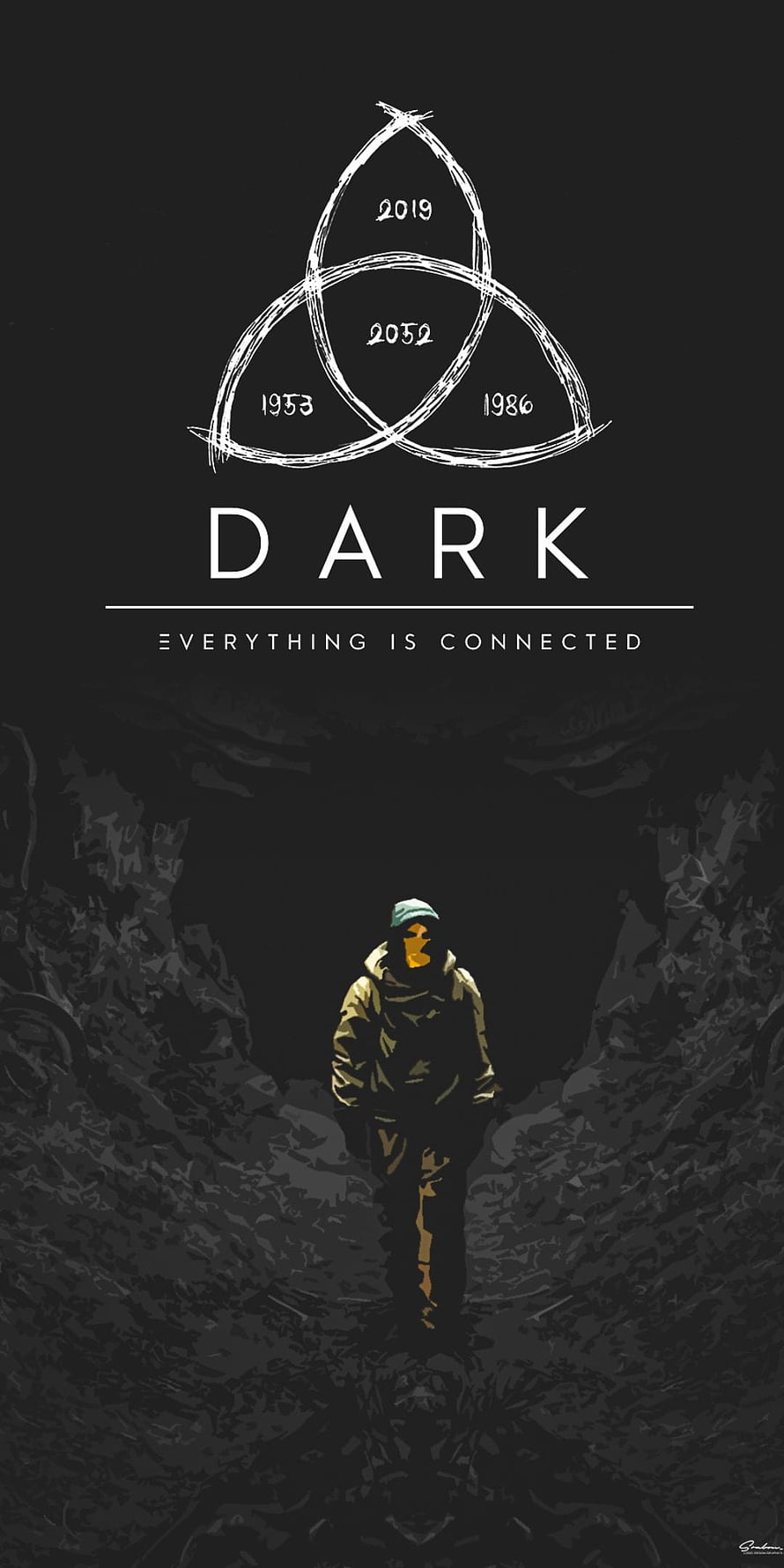 Dark Netflix Series Minimalist Poster with Triangular Time Loop Symbol and Lone Figure in Dark Landscape HD phone wallpaper