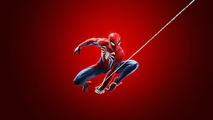 Spider-Man in Dynamic Web-Swinging Pose Against Deep Red Background, Spiderman Ps4 spiderman , spiderman ps4 , ps games , miles morales ps4 HD wallpaper