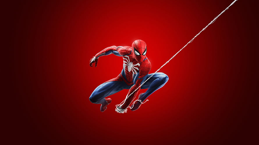Spider-Man in Dynamic Web-Swinging Pose Against Deep Red Background, Spiderman Ps4 spiderman , spiderman ps4 , ps games , miles morales ps4 HD wallpaper