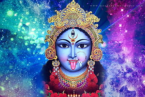 Kali Mata Digital Art Portrait with Cosmic Nebula Background and Ornate Gold Crown HD wallpaper