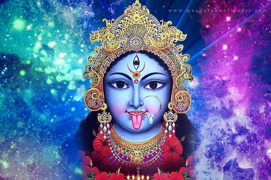 Kali Mata Digital Art Portrait with Cosmic Nebula Background and Ornate Gold Crown HD wallpaper