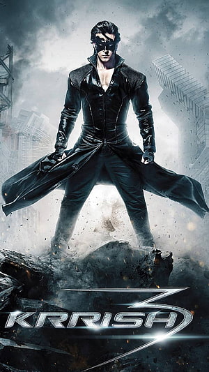 Krrish 3 Superhero Poster with Masked Hero in Black Suit Standing on Rubble HD phone wallpaper
