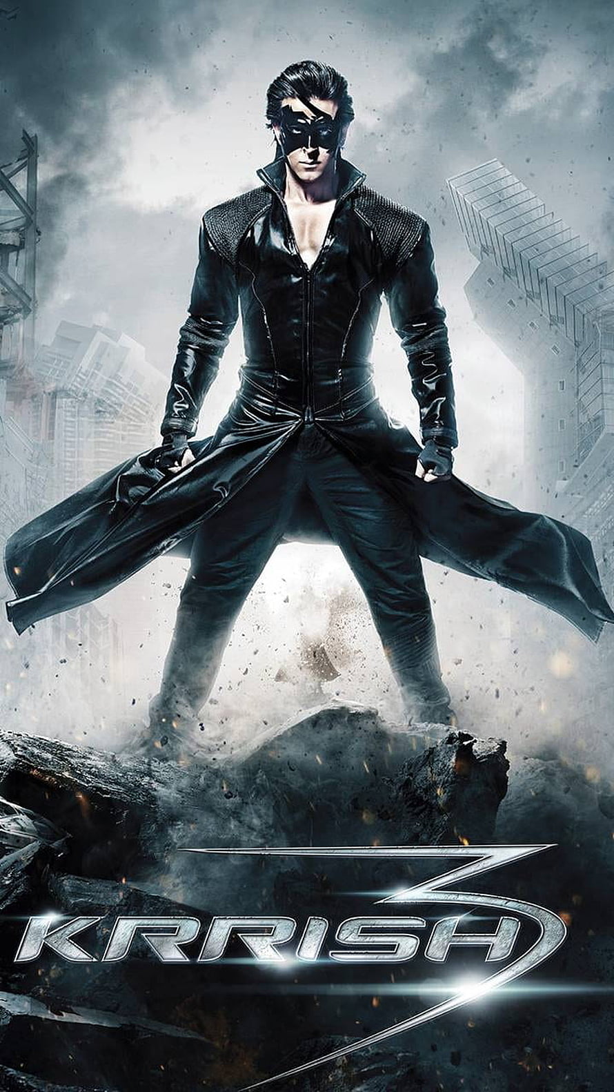 Krrish 3 Superhero Poster with Masked Hero in Black Suit Standing on Rubble HD phone wallpaper