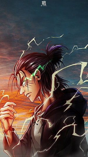 Eren Yeager Anime Character with Glowing Green Eyes and Lightning Effects HD phone wallpaper