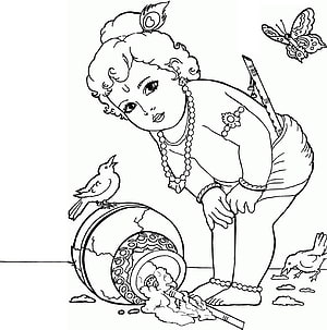 Baby Krishna Breaking Butter Pot Coloring Page With Birds And Butterfly HD phone wallpaper