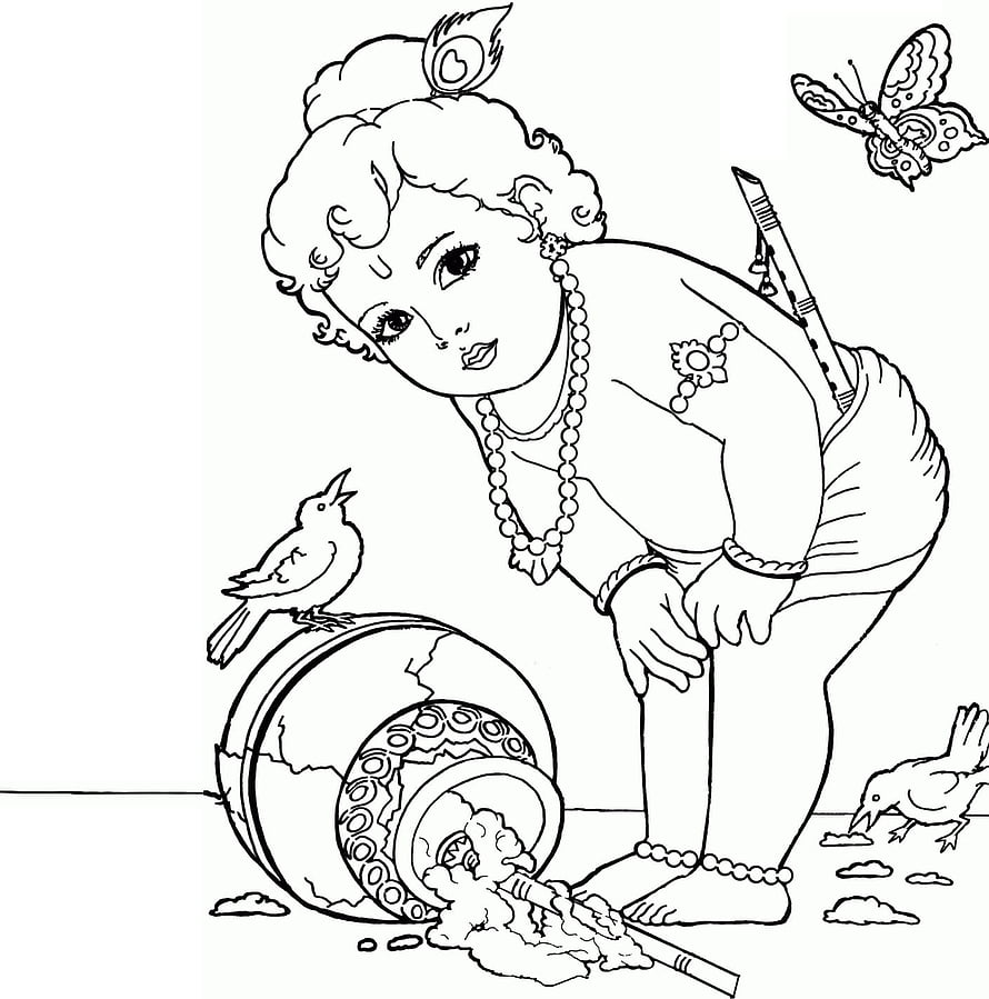 Baby Krishna Breaking Butter Pot Coloring Page With Birds And Butterfly HD phone wallpaper