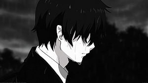 Monochrome Anime Boy in Rain with Melancholic Expression HD wallpaper
