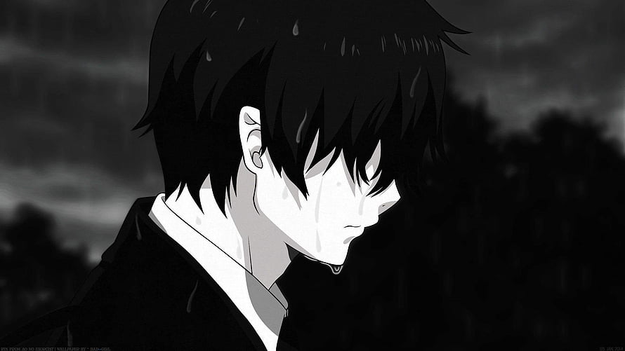 Monochrome Anime Boy in Rain with Melancholic Expression HD wallpaper