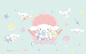 Cute Cinnamoroll in a Pink Seashell with Stars and Ocean Elements HD wallpaper