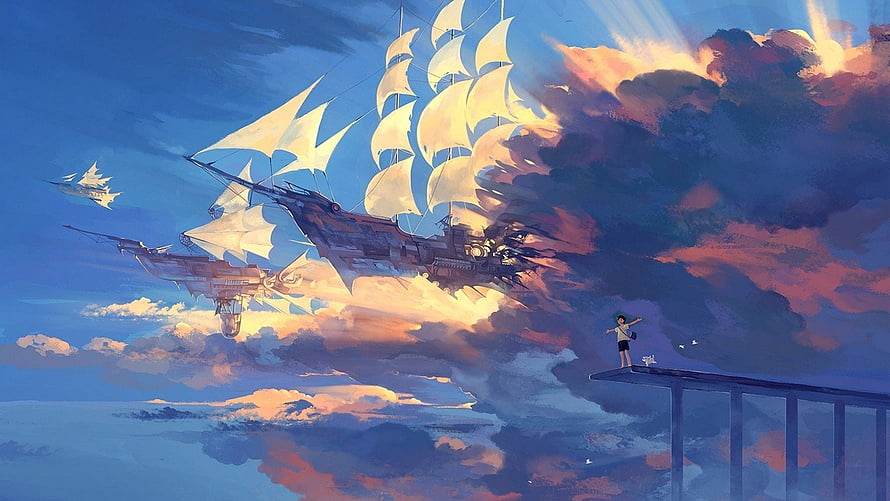 Anime Girl Watching Giant Airship Sail Through Sunset Clouds HD wallpaper