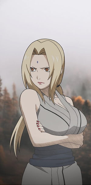 Tsunade Hokage anime character portrait with arms crossed in a misty forest setting HD phone wallpaper
