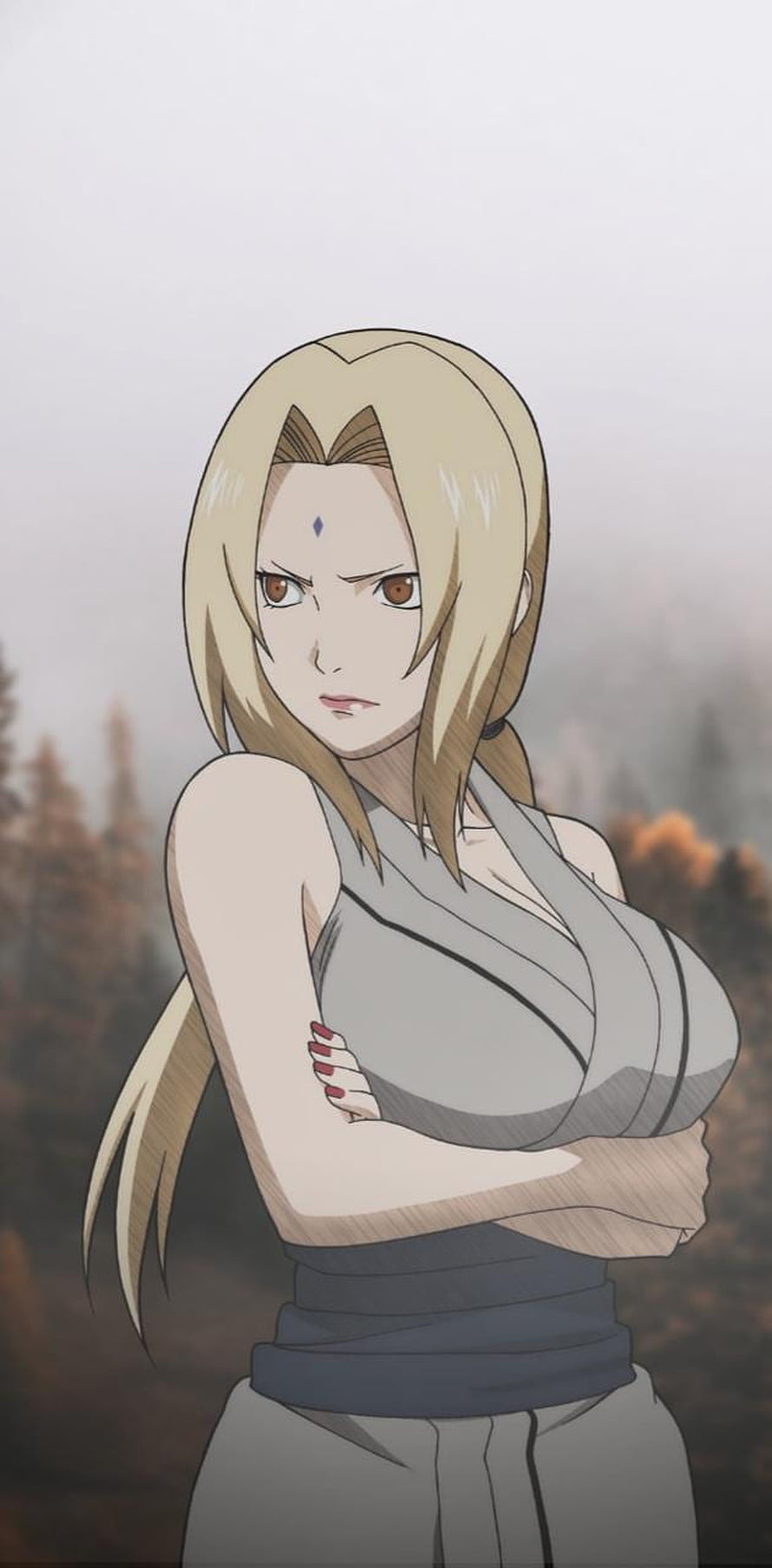 Tsunade Hokage anime character portrait with arms crossed in a misty forest setting HD phone wallpaper