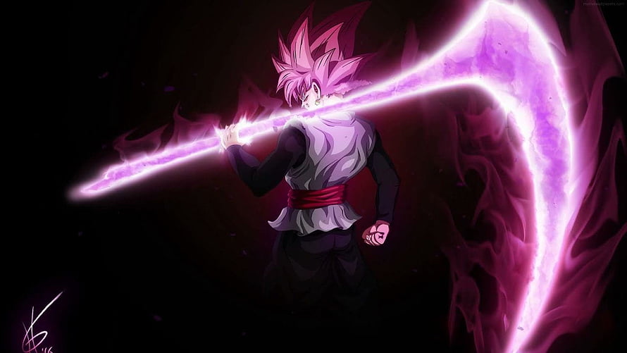 Goku Black wielding a massive purple energy scythe in a dark, dramatic anime illustration HD wallpaper