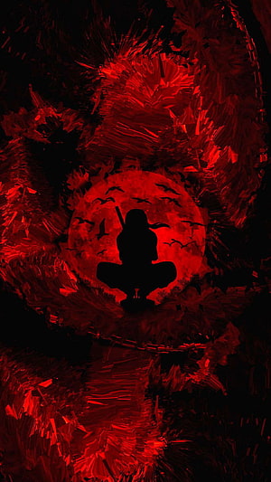 Silhouette of a Samurai Sitting Before a Giant Red Moon with Crows HD phone wallpaper