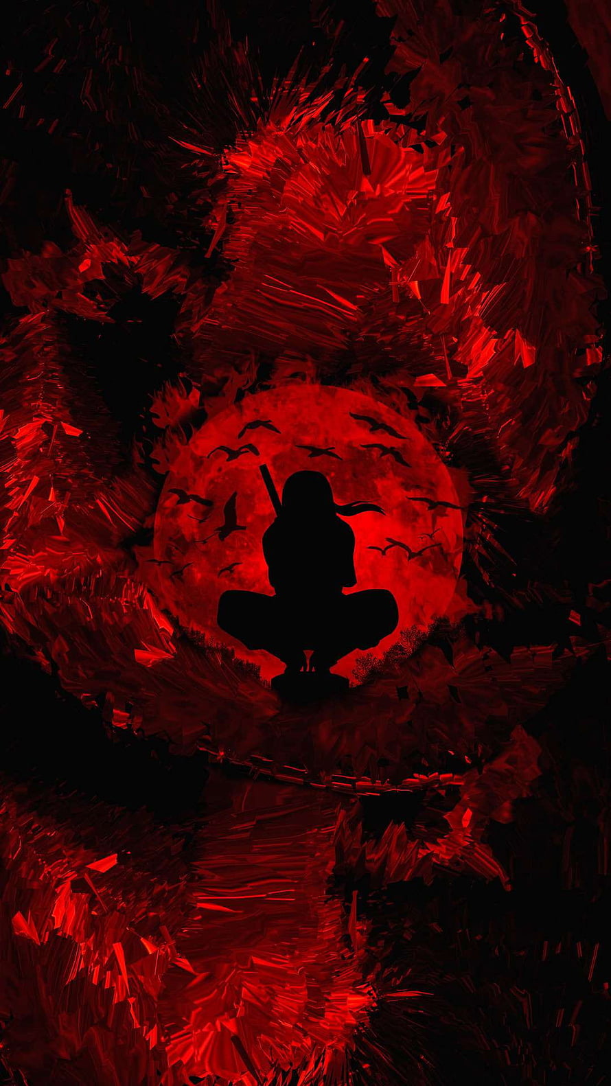Silhouette of a Samurai Sitting Before a Giant Red Moon with Crows HD phone wallpaper