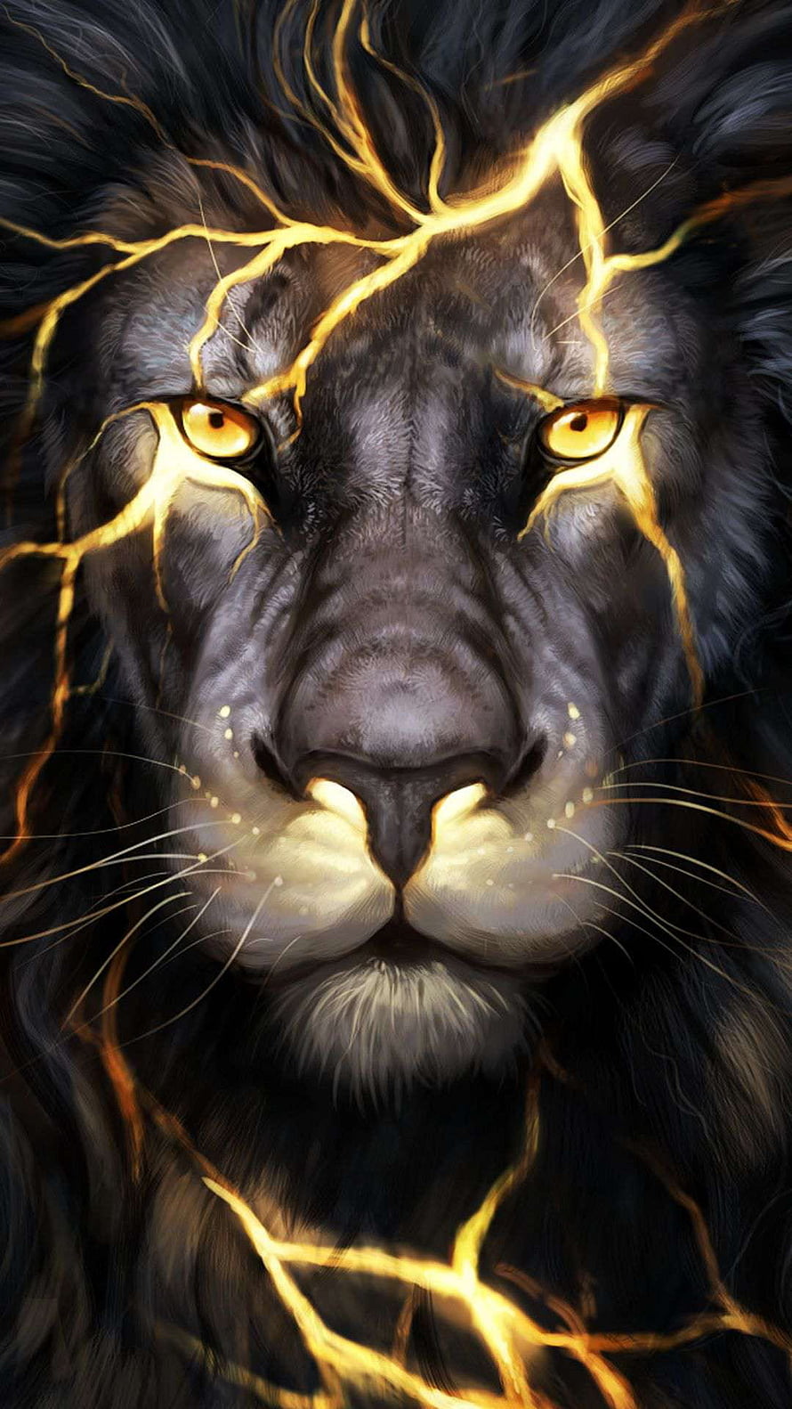 Majestic Black Lion With Golden Lightning Cracks And Glowing Amber Eyes Fantasy Art HD phone wallpaper