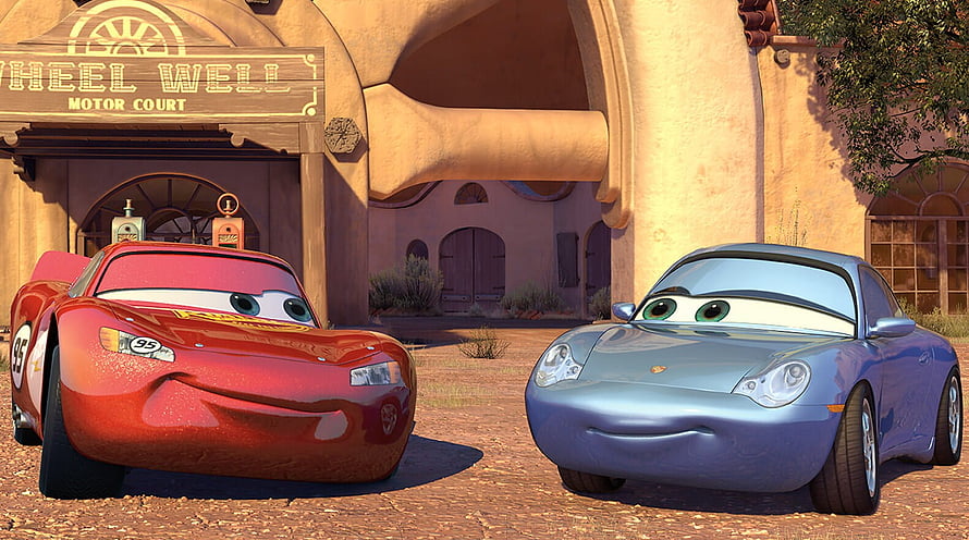 Lightning McQueen and Sally Carrera at the Wheel Well Motor Court in Pixar's Cars HD wallpaper