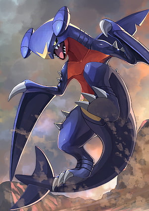 Garchomp Dragon Pokémon Roaring in a Dramatic Dusty Sky HD phone wallpaper