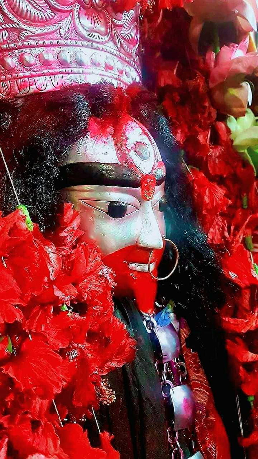 Maa Tara Divine Idol Adorned With Red Marigold Garland And Ornate Silver Crown HD phone wallpaper