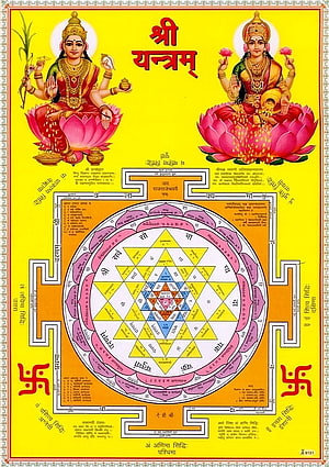 Shri Yantra Sacred Geometry with Laxmi Deities and Sanskrit Mantras on Yellow Background HD phone wallpaper