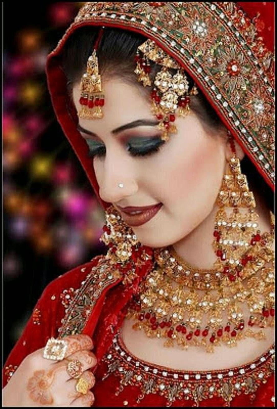 Elegant Indian Bride in Red Lehenga with Heavy Gold Jewelry and Henna HD phone wallpaper