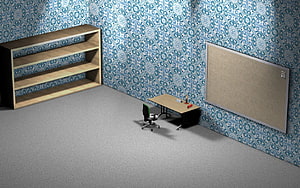 Minimalist Office Interior With Blue Floral Wallpaper, Wooden Shelving Unit, Desk, and Cork Board HD wallpaper