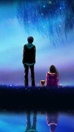 Anime Couple Under Starry Sky With Reflection HD phone wallpaper