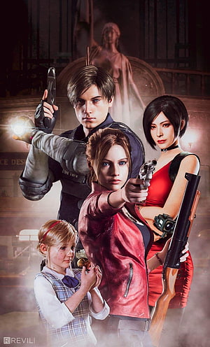 Resident Evil 2 Remake Character Lineup Featuring Leon, Claire, Ada, and Sherry in Action HD phone wallpaper