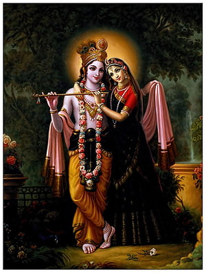 Radha and Krishna Playing Flute in Garden - Traditional Indian Mythological Art HD phone wallpaper