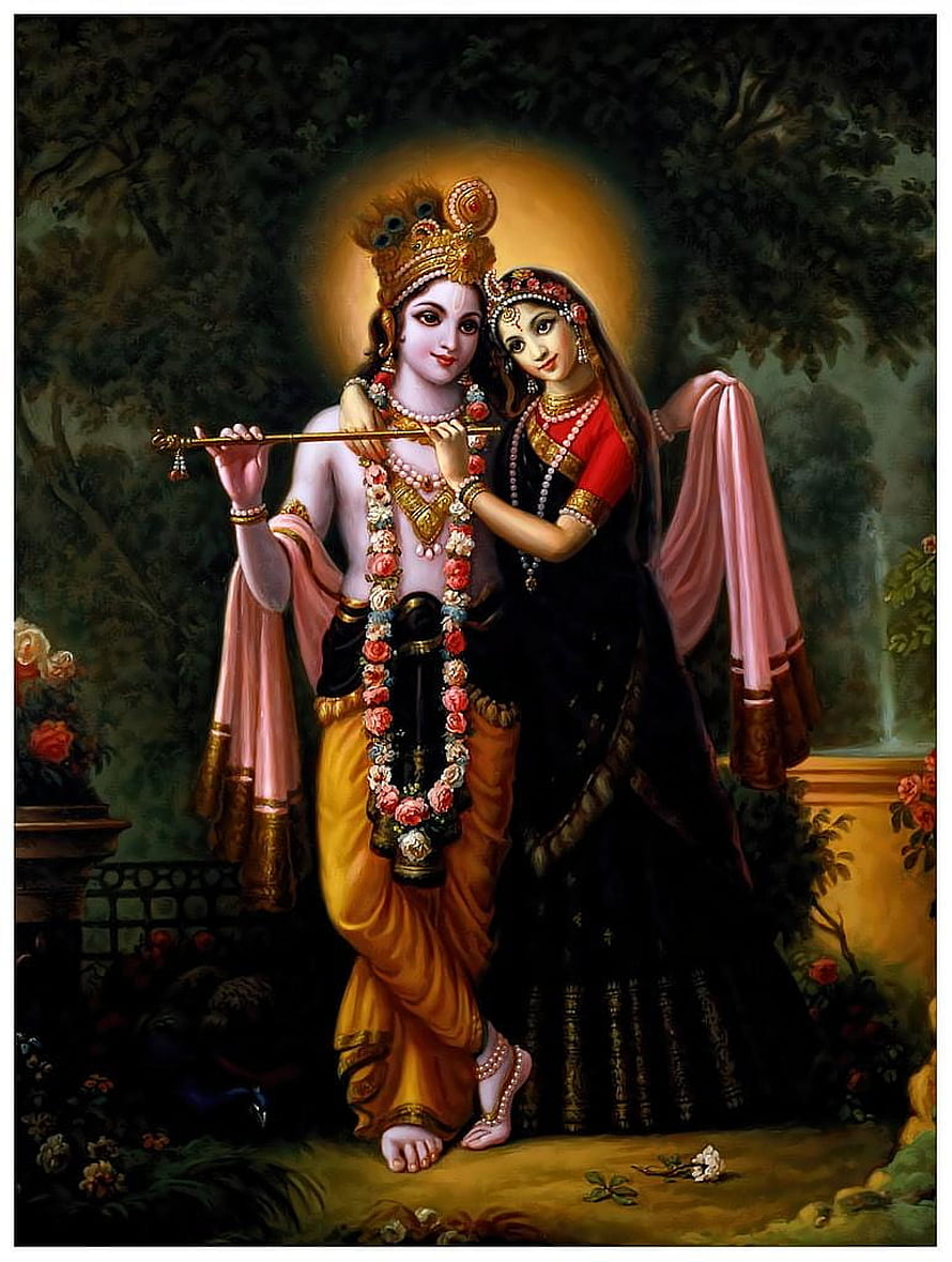 Radha and Krishna Playing Flute in Garden - Traditional Indian Mythological Art HD phone wallpaper