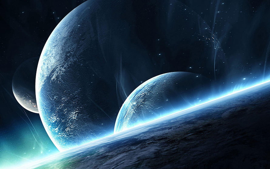 Mystical Blue Planets in Deep Space with Glowing Atmosphere and Starry Background HD wallpaper