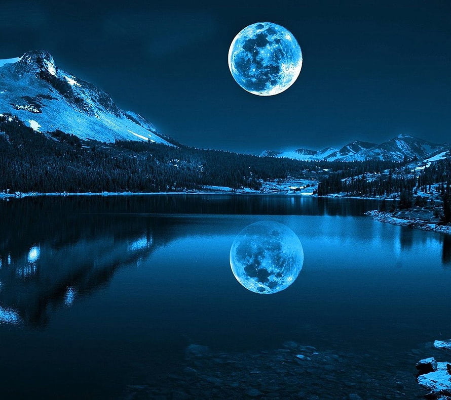 Serene Blue Moon Over Snowy Mountain Lake With Perfect Reflection HD wallpaper