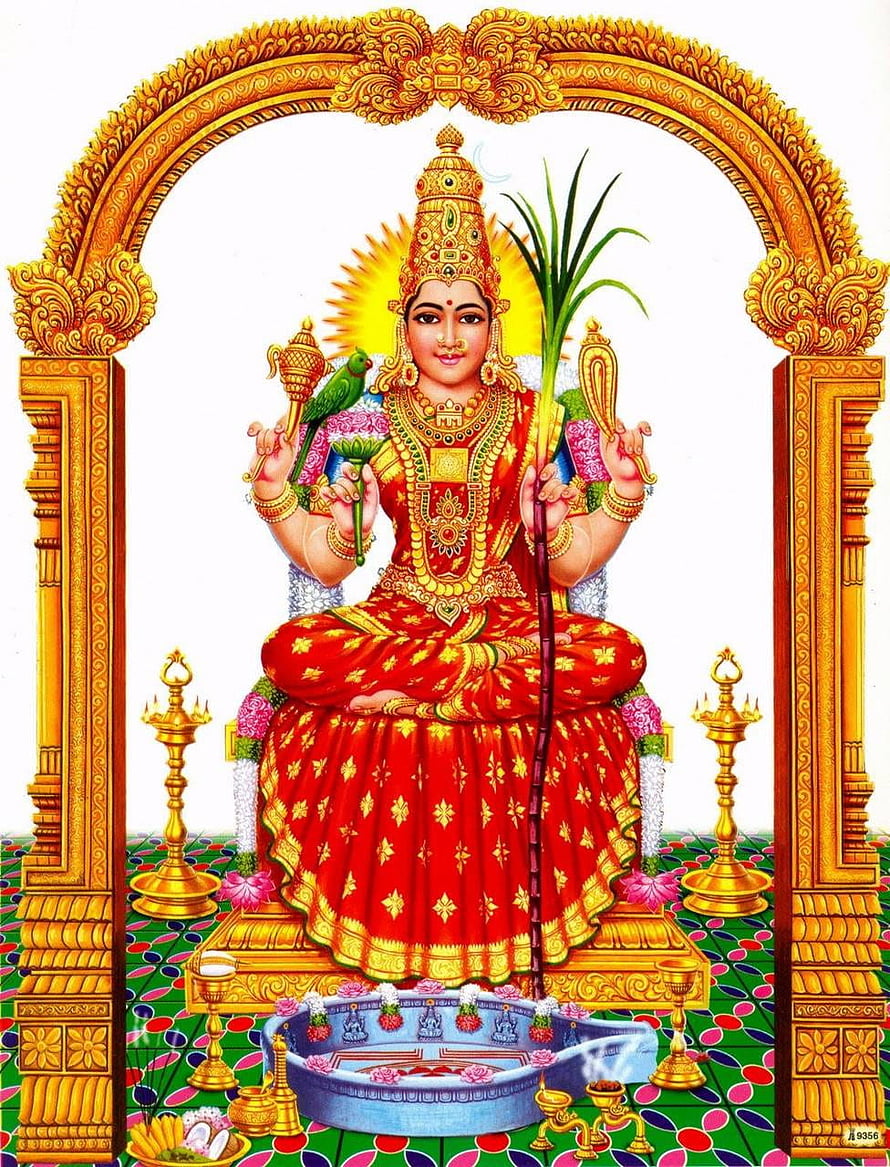 Goddess Lakshmi Sitting on Lotus with Gold Arch and Diyas HD phone wallpaper