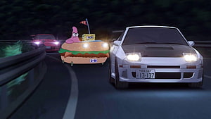 SpongeBob and Patrick in a Krabby Patty Car Racing a Nissan Skyline at Night HD wallpaper