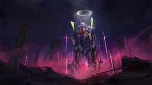 Evangelion Unit 01 Standing in a Ruined City with a Glowing Halo HD wallpaper