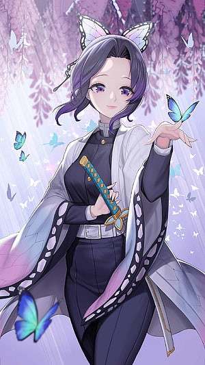 Shinobu Kocho from Demon Slayer holding a butterfly with wisteria background HD phone wallpaper