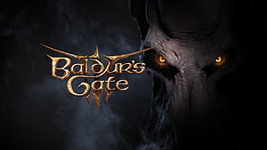 Baldur's Gate III Dark Demon Face with Glowing Eyes and Golden Logo HD wallpaper