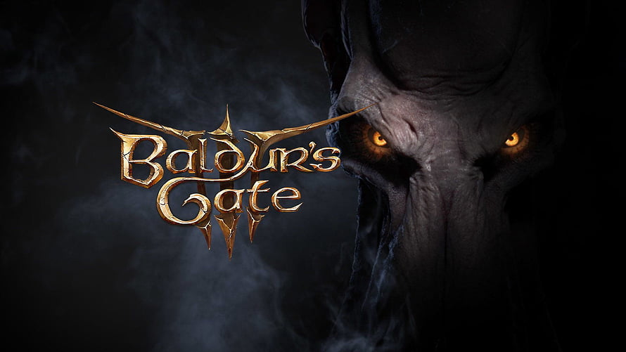 Baldur's Gate III Dark Demon Face with Glowing Eyes and Golden Logo HD wallpaper
