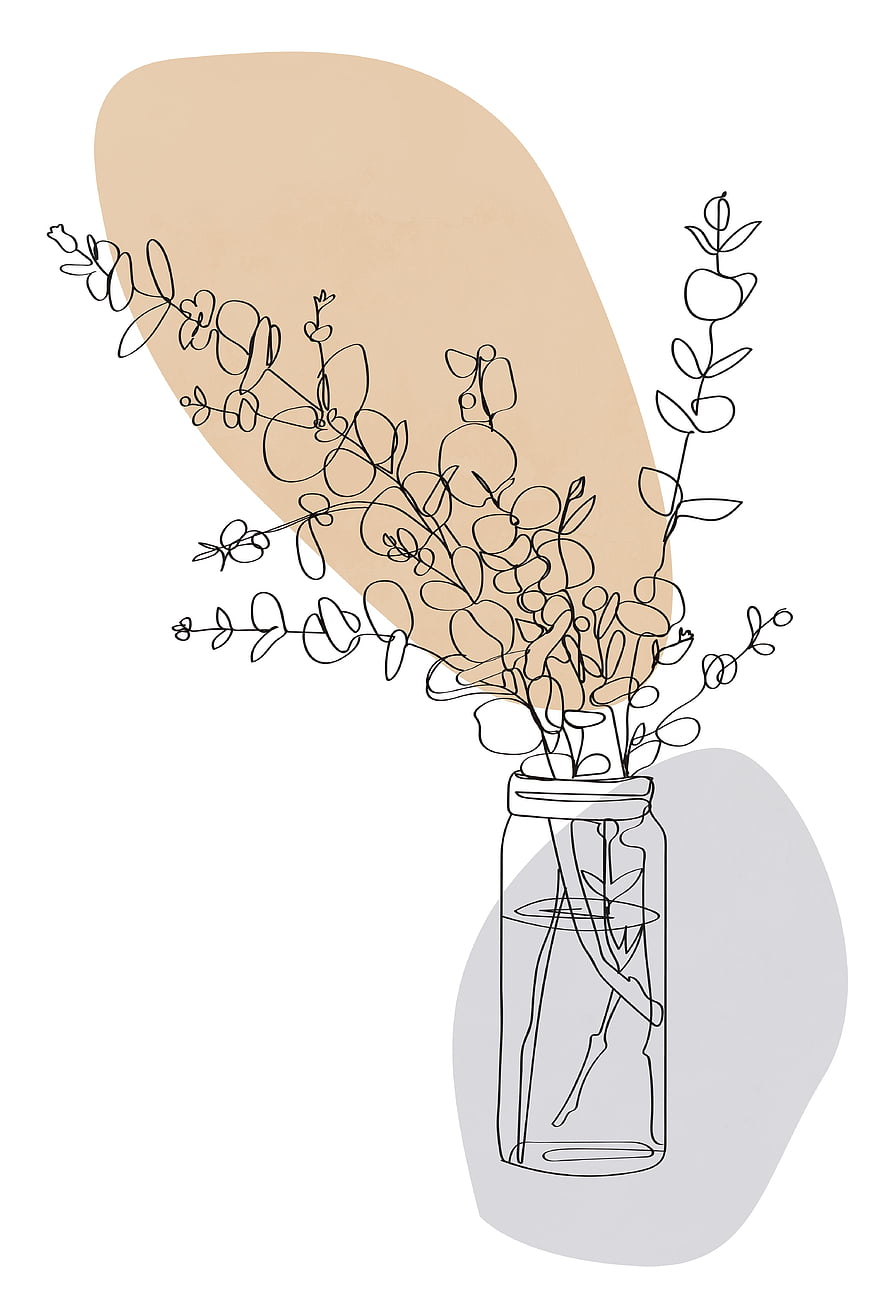 Minimalist one-line eucalyptus bouquet in a glass jar with abstract beige and grey shapes HD phone wallpaper