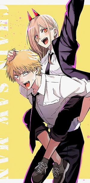Chainsaw Man Denji and Power in School Uniforms with Fiery Expressions, Chainsaw man by Reaperwh, denji chainsaw man HD phone wallpaper