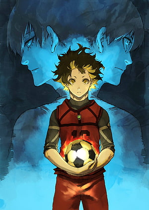 Blue Lock Anime Character Holding Glowing Soccer Ball with Blue Silhouettes HD phone wallpaper