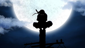 Silhouette of a Ninja Sitting on a Pole Against a Giant Full Moon HD wallpaper