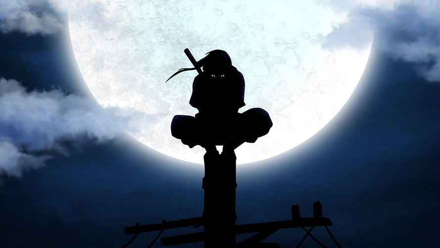Silhouette of a Ninja Sitting on a Pole Against a Giant Full Moon HD wallpaper