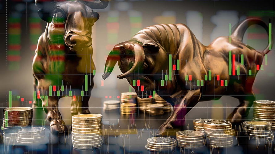 Bronze bull statues standing among stacks of coins with financial stock market charts in background HD wallpaper