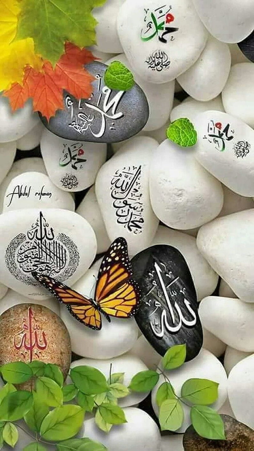 Islamic Calligraphy on Smooth Stones with Monarch Butterfly and Autumn Leaves HD phone wallpaper