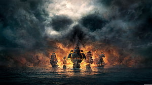 Assassin's Creed Skull and Bones Naval Battle Scene with Burning Ships and Stormy Ocean HD wallpaper