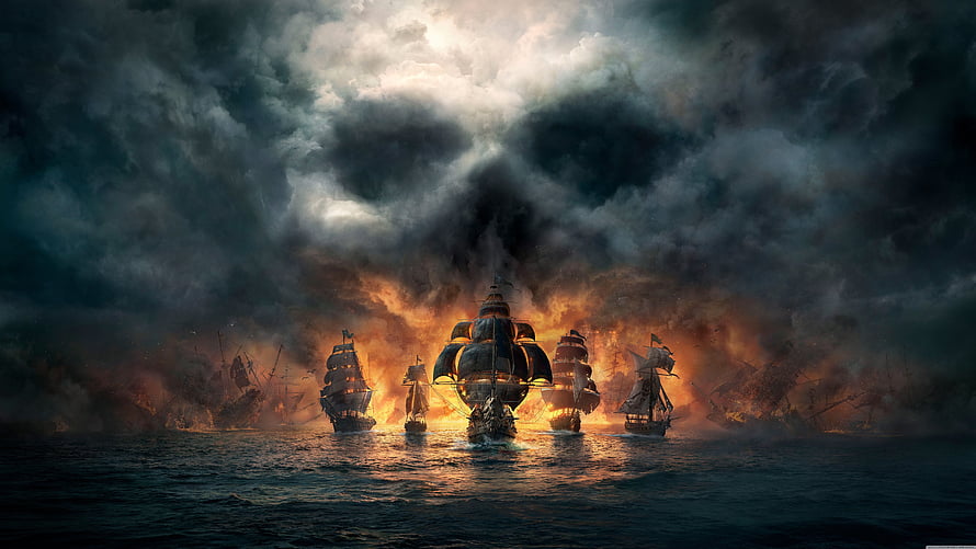 Assassin's Creed Skull and Bones Naval Battle Scene with Burning Ships and Stormy Ocean HD wallpaper