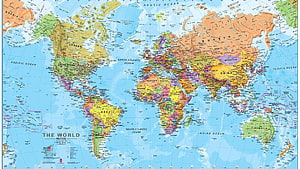 Detailed Political World Map Showing Countries, Oceans, and Continents in Color HD wallpaper